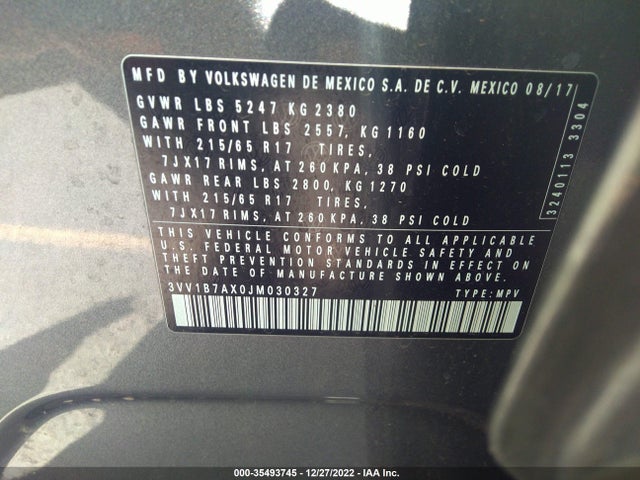 2018 VOLKSWAGEN TIGUAN S VIN: 3VV1B7AX0JM030327