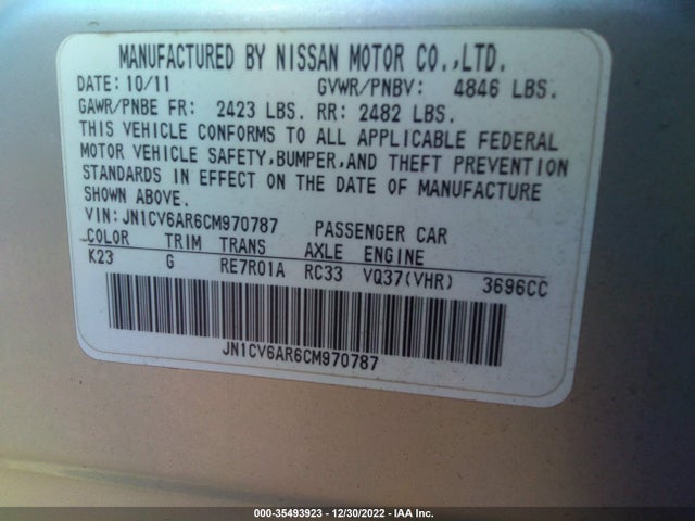 2012 INFINITI G37 SEDAN X VIN: JN1CV6AR6CM970787