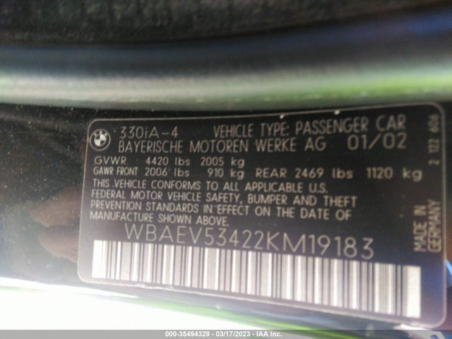 2002 BMW 3 SERIES 330I VIN: WBAEV53422KM19183