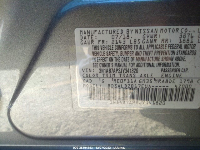 2018 NISSAN SENTRA SV VIN: 3N1AB7AP2JY341820
