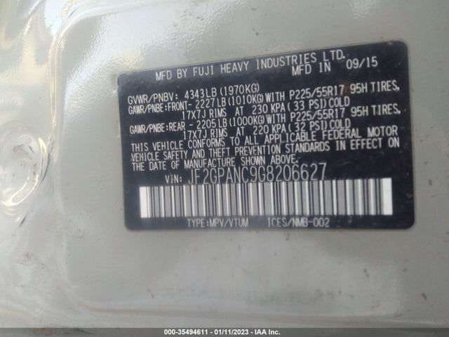 Subaru Crosstrek Limited 2016 JF2GPANC9G8206627 Image 10