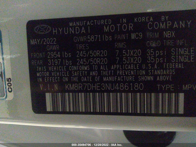 2022 Hyundai Palisade, VIN: KM8R7DHE3NU486180