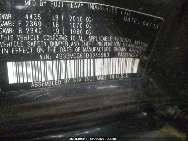 2013 SUBARU LEGACY 2.5I SPORT VIN: 4S3BMCG61D3045963