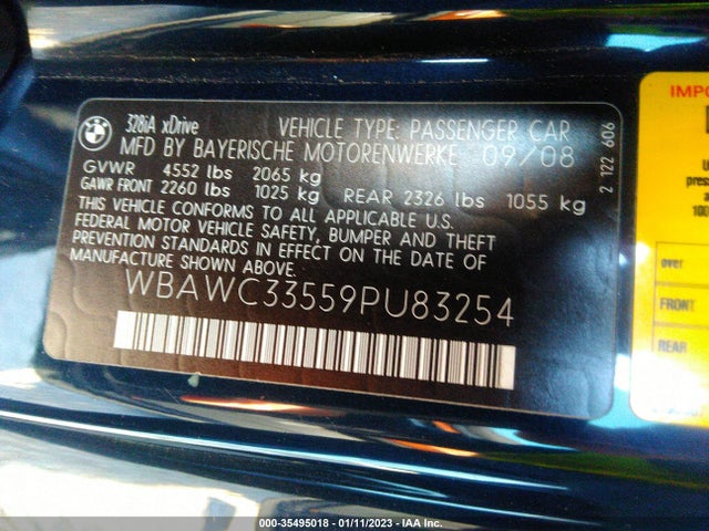 2009 BMW 3 SERIES 328I XDRIVE VIN: WBAWC33559PU83254