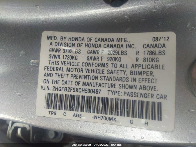 2012 HONDA CIVIC SDN EX-L VIN: 2HGFB2F9XCH590487