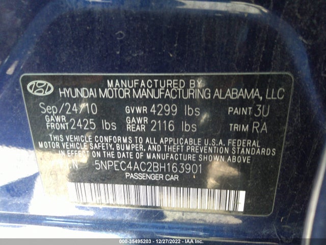 2011 HYUNDAI SONATA SE VIN: 5NPEC4AC2BH163901