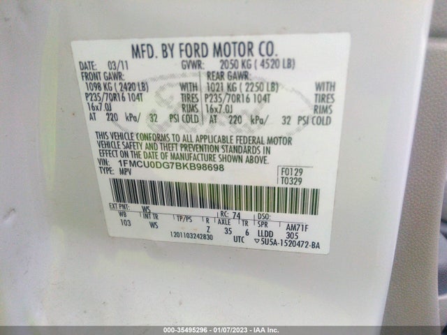 2011 FORD ESCAPE XLT VIN: 1FMCU0DG7BKB98698