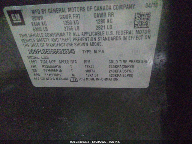 2016 CHEVROLET EQUINOX LTZ VIN: 2GNFLGE35G6325345