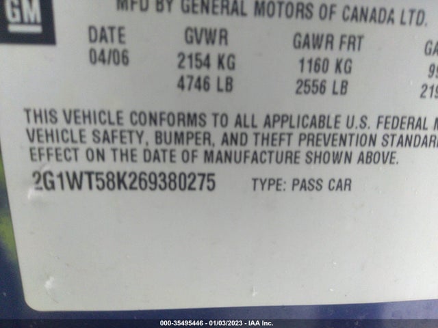 2006 CHEVROLET IMPALA LT 3.5L VIN: 2G1WT58K269380275
