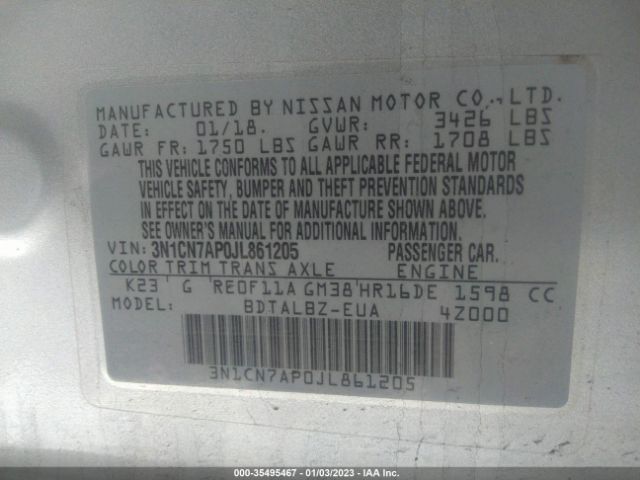 3N1CN7AP0JL861205 Nissan Versa Sedan Sv