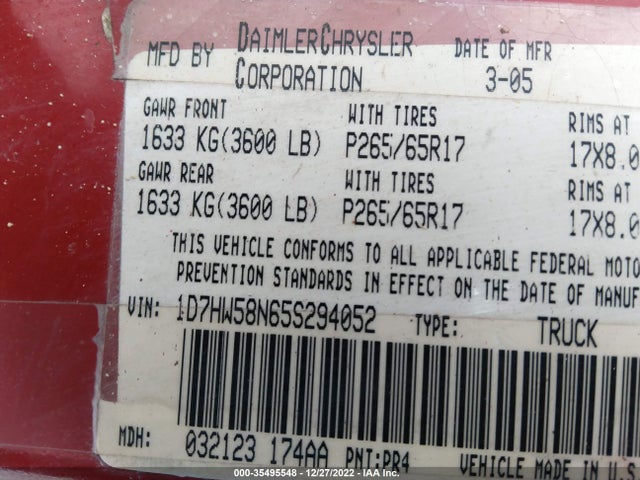 Dodge Dakota Laramie 2005 1D7HW58N65S294052 Image 10