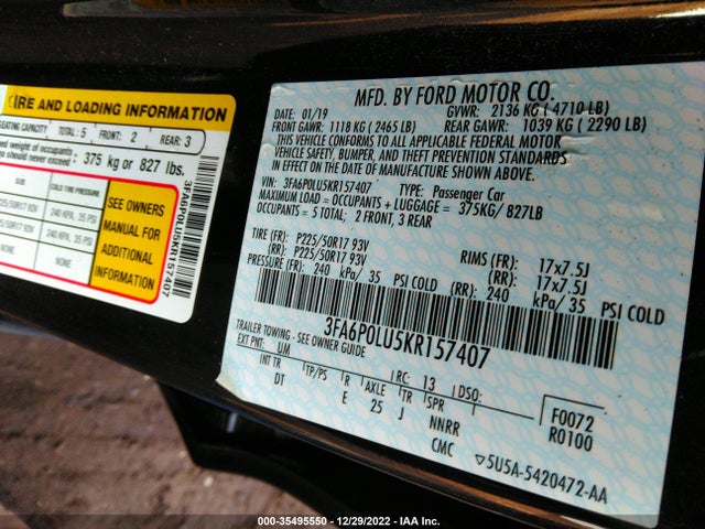 2019 Ford Fusion, VIN: 3FA6P0LU5KR157407