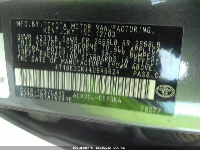 2004 TOYOTA CAMRY LE/SE/XLE VIN: 4T1BE30K44U846624