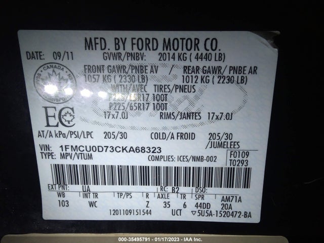 2012 FORD ESCAPE XLT VIN: 1FMCU0D73CKA68323