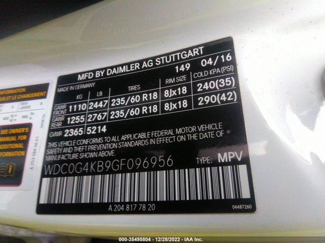 2016 Mercedes-Benz GLC-Class, VIN: WDC0G4KB9GF096956