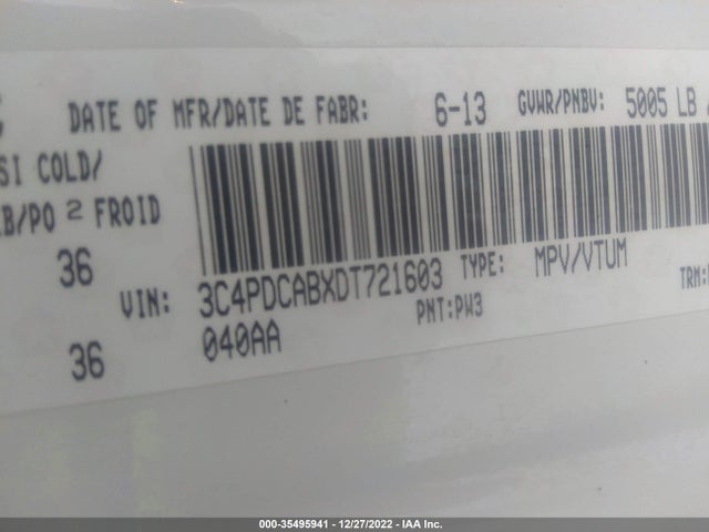 2013 DODGE JOURNEY CANADA VALUE PKG VIN: 3C4PDCABXDT721603