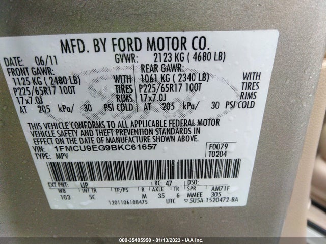 2011 FORD ESCAPE LIMITED VIN: 1FMCU9EG9BKC61657