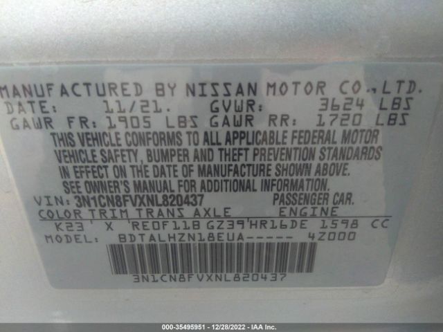 3N1CN8FVXNL820437 Nissan VERSA SR