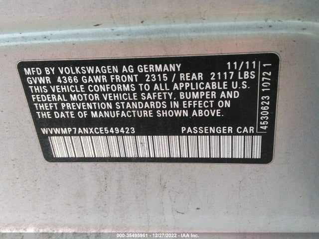 2012 VOLKSWAGEN CC SPORT PZEV VIN: WVWMP7ANXCE549423