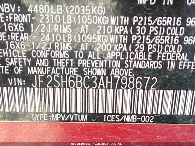 2010 SUBARU FORESTER 2.5X VIN: JF2SH6BC3AH798672