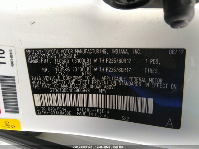 2017 TOYOTA SIENNA LE VIN: 5TDKZ3DC1HS866948