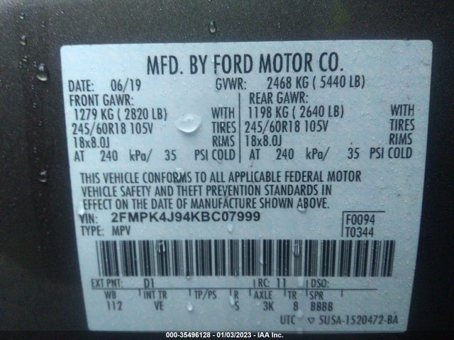 2019 FORD EDGE SEL VIN: 2FMPK4J94KBC07999