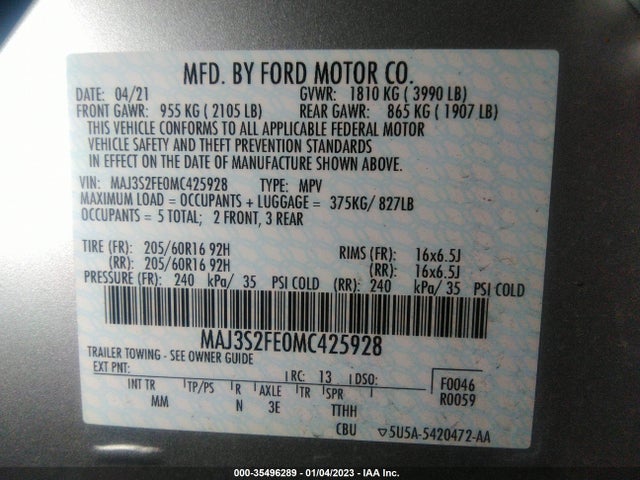 2021 FORD ECOSPORT S VIN: MAJ3S2FE0MC425928