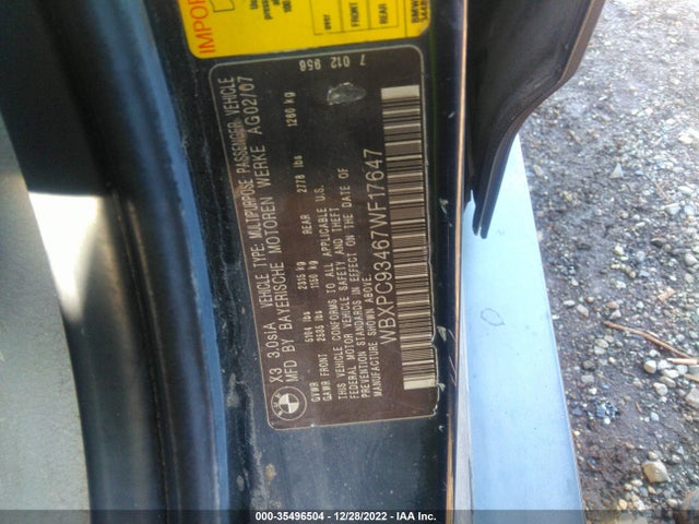 2007 BMW X3 3.0SI VIN: WBXPC93467WF17647