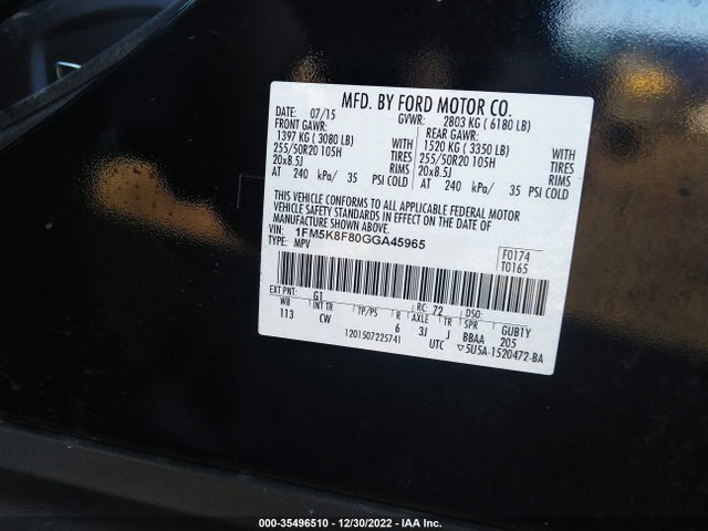 2016 FORD EXPLORER LIMITED VIN: 1FM5K8F80GGA45965