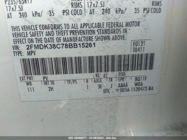 2008 FORD EDGE SEL VIN: 2FMDK38C78BB15261