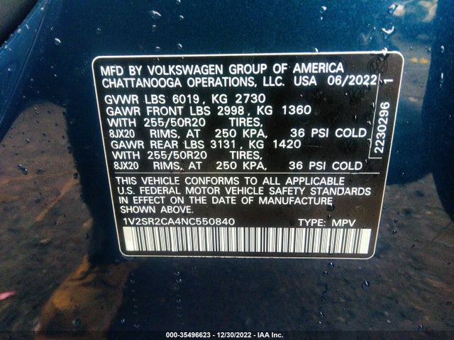 1V2SR2CA4NC550840 Volkswagen Atlas 3.6l V6 Sel R-line Black