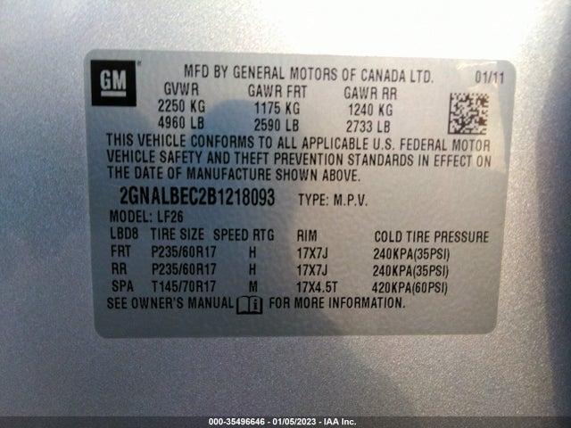 2011 CHEVROLET EQUINOX LS VIN: 2GNALBEC2B1218093