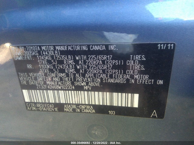 2011 TOYOTA RAV4 VIN: 2T3ZF4DV6BW102324