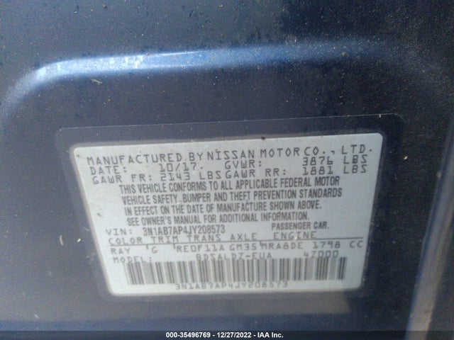 2018 NISSAN SENTRA SV VIN: 3N1AB7AP4JY208573