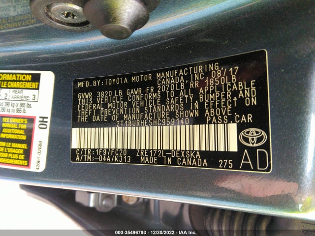 2017 TOYOTA COROLLA SE VIN: 2T1BURHE5HC959140