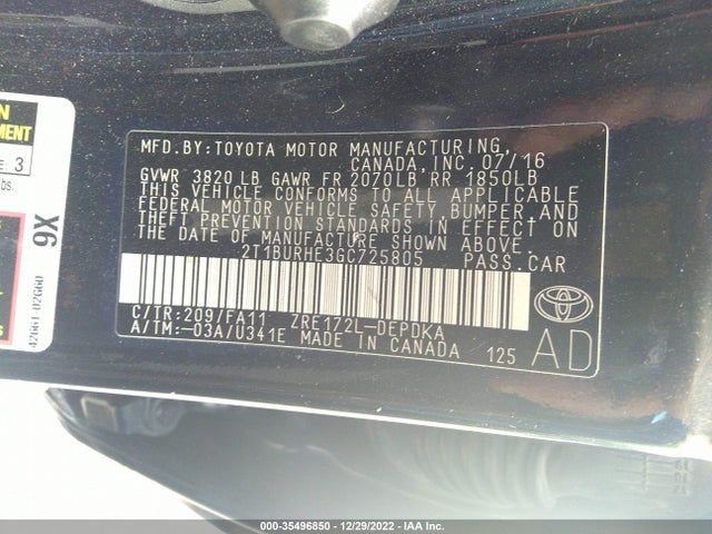 2016 TOYOTA COROLLA L/LE/S/S PLUS/LE PLUS VIN: 2T1BURHE3GC725805