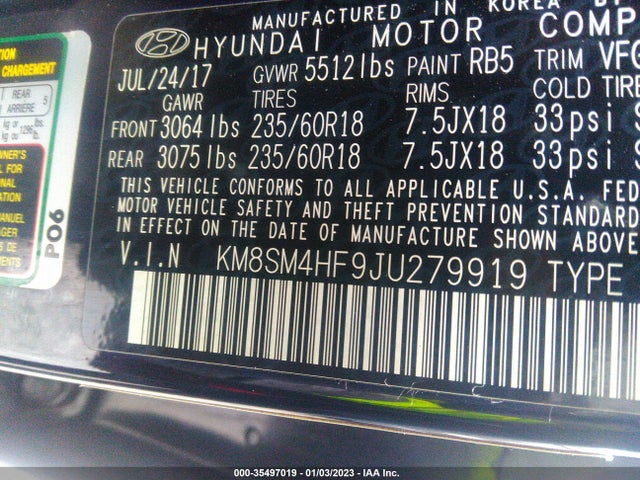 2018 Hyundai Santa Fe, VIN: KM8SM4HF9JU279919