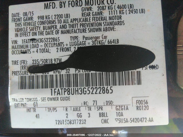 2016 FORD MUSTANG ECOBOOST PREMIUM VIN: 1FATP8UH3G5222865