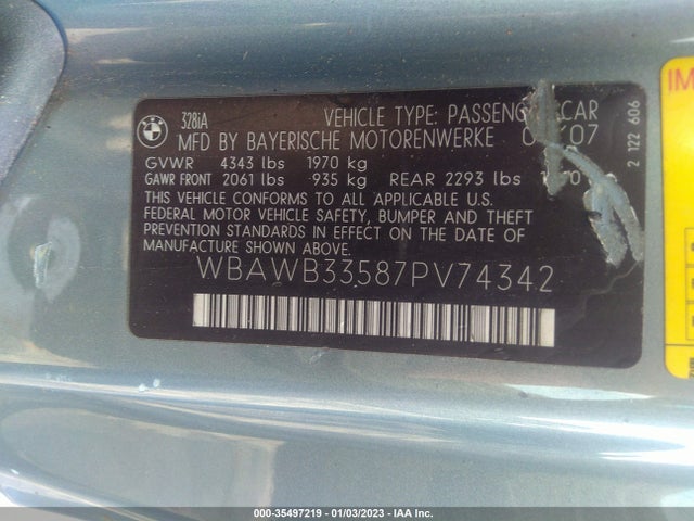 2007 BMW 3 SERIES 328I VIN: WBAWB33587PV74342