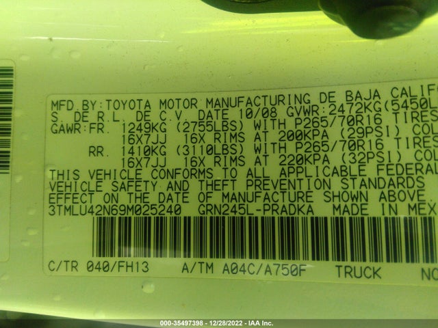 2009 TOYOTA TACOMA VIN: 3TMLU42N69M025240