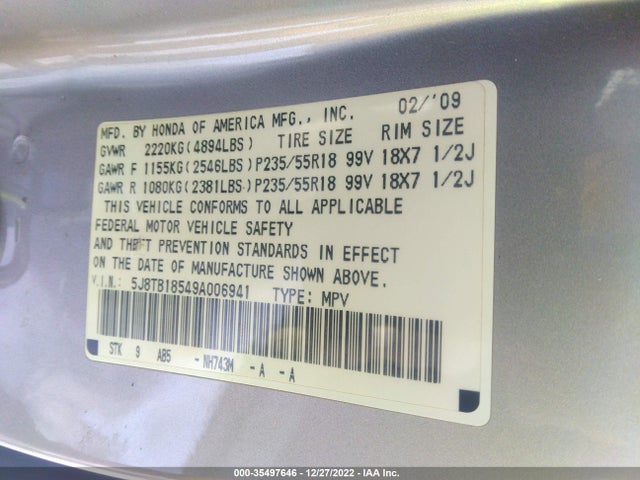 Acura Rdx Tech Pkg 2009 5J8TB18549A006941 Image 10