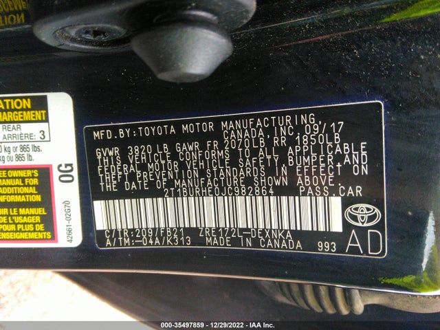 2018 TOYOTA COROLLA L/LE/XLE/SE/XSE VIN: 2T1BURHE0JC982864
