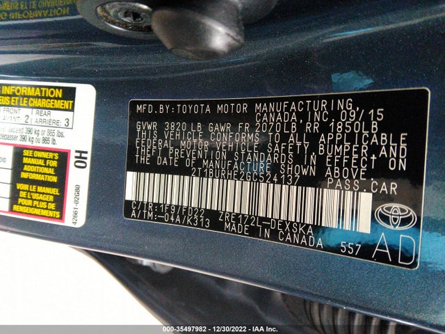 2016 TOYOTA COROLLA L/LE/S/S PLUS/LE PLUS VIN: 2T1BURHE2GC524137