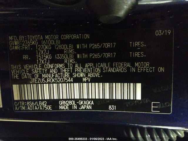 2019 Toyota 4Runner, VIN: JTEZU5JR0K5207544