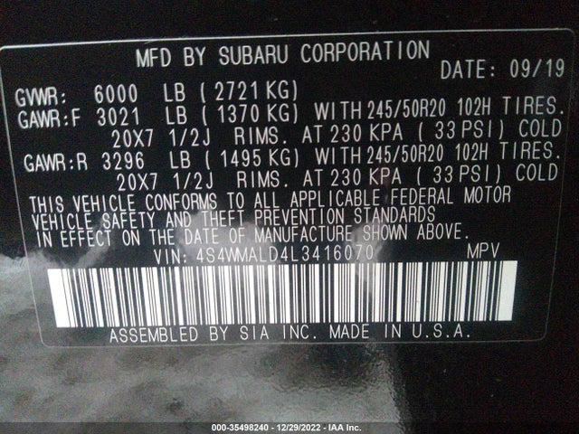2020 Subaru Ascent, VIN: 4S4WMALD4L3416070