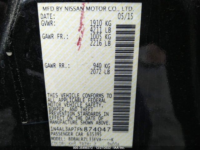 2015 NISSAN ALTIMA 2.5 SL VIN: 1N4AL3AP7FN874047