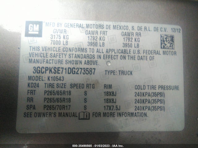 2013 CHEVROLET SILVERADO 1500 LT VIN: 3GCPKSE71DG273587
