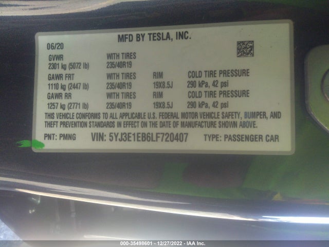 Tesla MODEL 3 2020 5YJ3E1EB6LF720407 Image 10