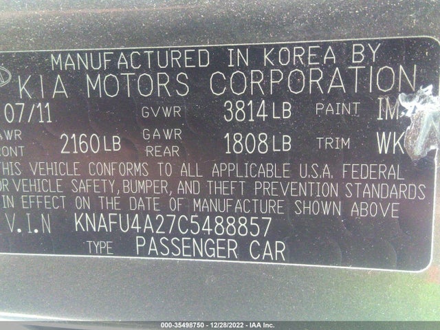 2012 KIA FORTE EX VIN: KNAFU4A27C5488857