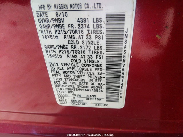 2010 NISSAN ROGUE S VIN: JN8AS5MV6AW145824